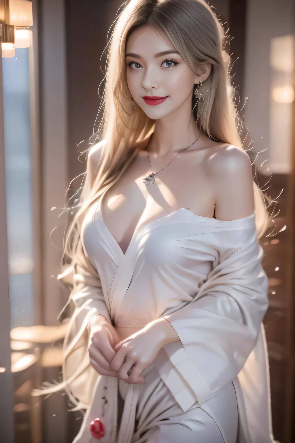 Standing in the bathroom, Aroused, necklace, earrings, whole body, Long white hair, White Kimono, superb, Ultra HD, RAW photos, realism: 1.25), (Bright lip gloss, Long eyelashes, Smooth face , Bright skin, Natural shadows, Wide-angle light, Wide-angle light, Depth of Field, Intense colors, Subtle Caustics: 0.8), Smile, (Big tits), v6