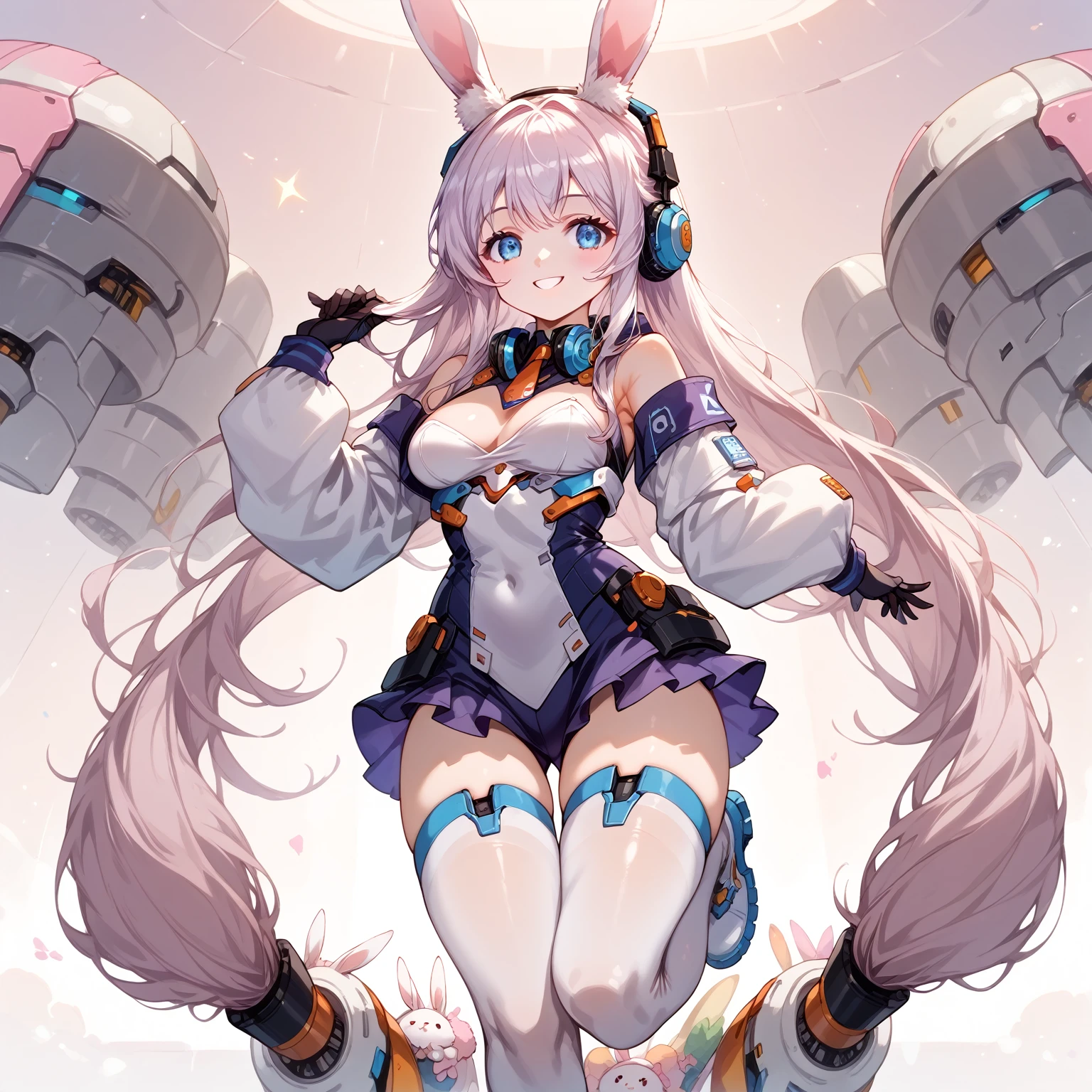 score_9_up, score_9, score_8_up, score_7_up, source_anime,masterpiece, best quality, high resolution, extremely detailed CG, absurdres, highres, 1girl solo, a mecha bunny girl jump on top of a futuristic circular device in universe, long hair, thighhighs, animal ears, rabbit ears, blue eyes, breasts, long sleeves, white thighhighs, headphones, medium breasts, very long hair, boots, smile, armpits, hands near head, kawaii, vivid color, good_hands