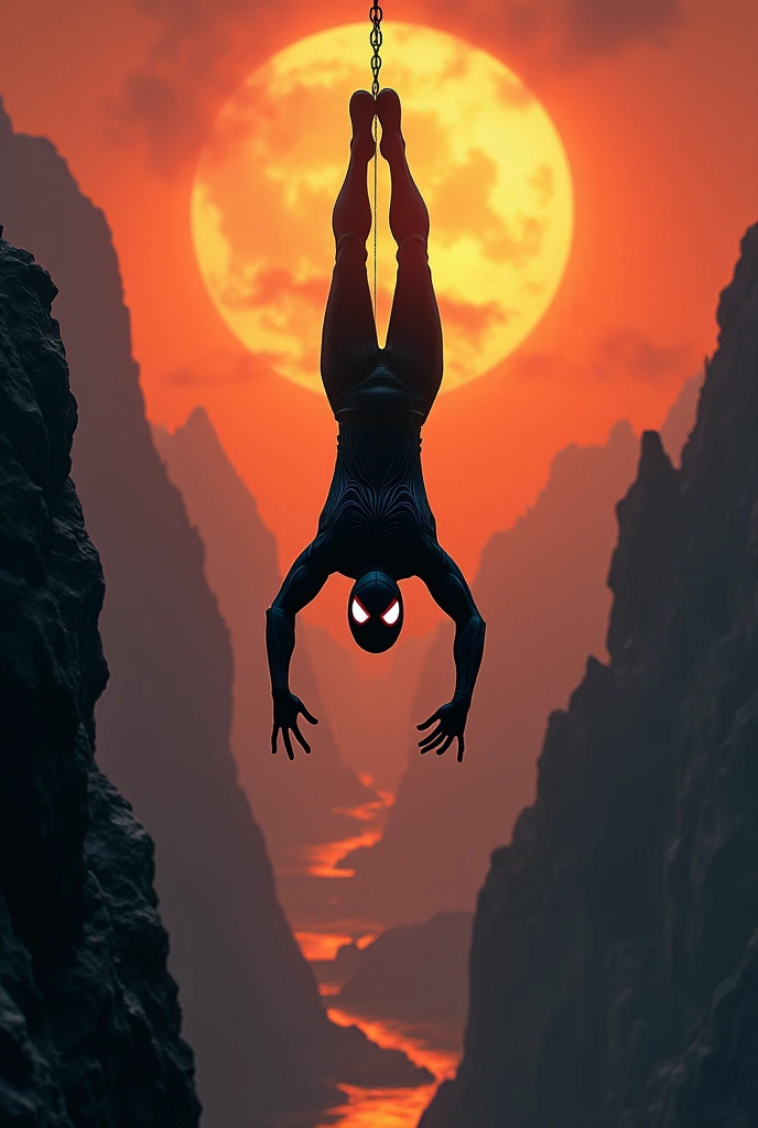 Black Spider Man hanging upside down on mountain at orange dawn sunset