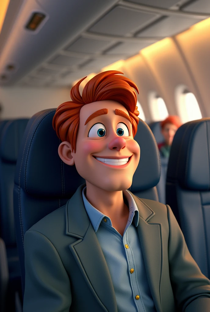 Red-haired man with straight hair sitting in an airplane seat smiling