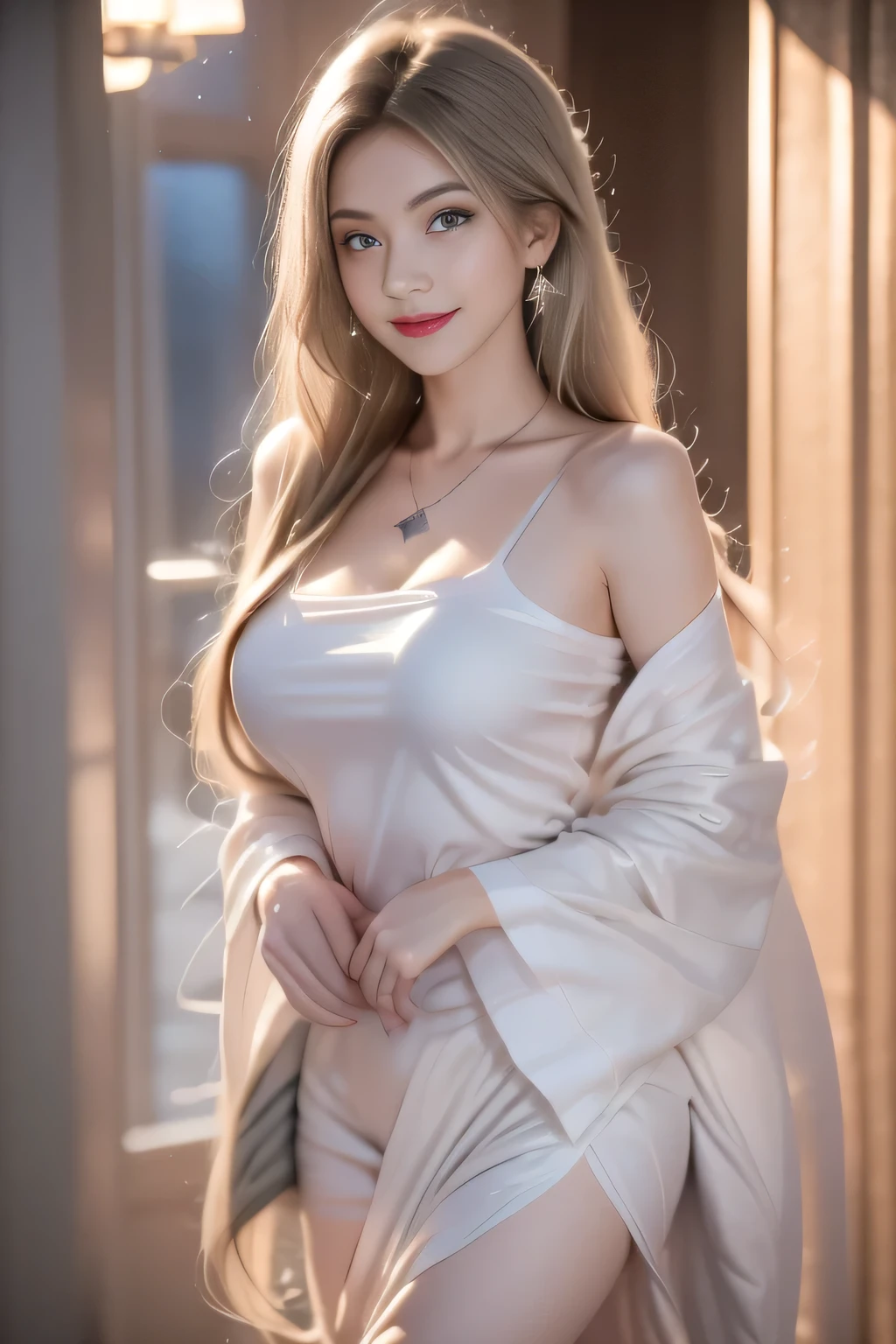 young girl, beautiful girl, trang điểm phong cách hàn quốc, Red lips, smiling, white hair, Perfect body, big breasts, thigh, Red and white outfits, trang phục noel, trang phục lông thú, mọi thứ về đêm noel, open-air, Snow, Night view, pine,
