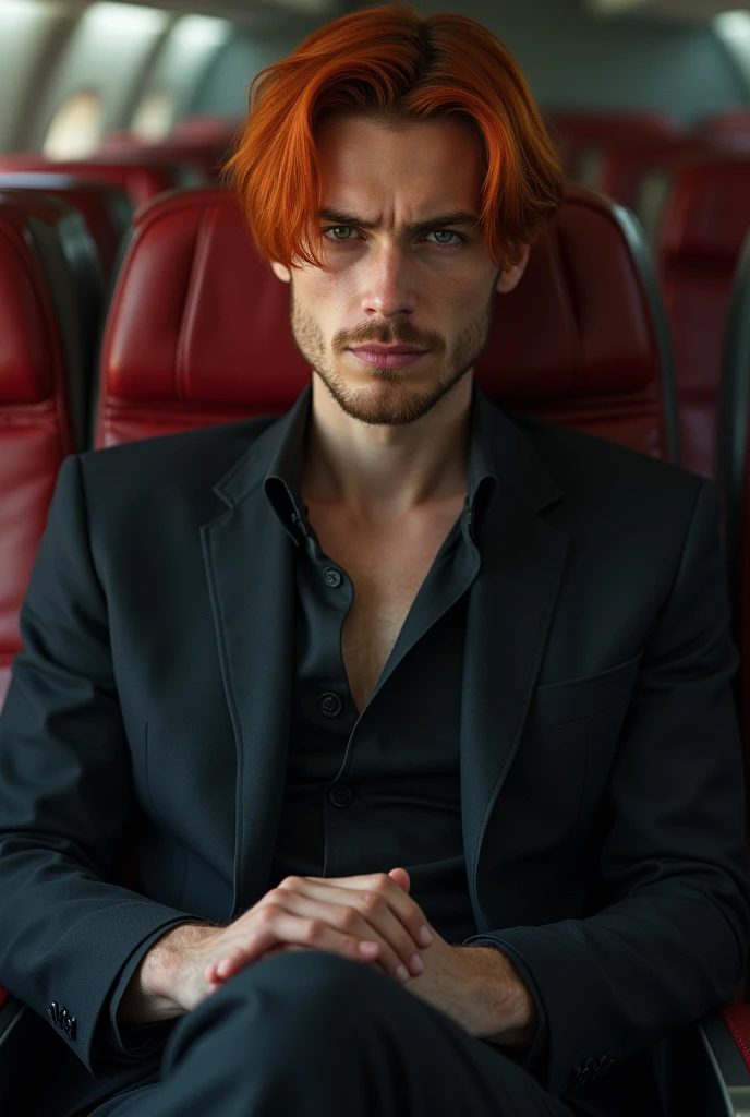 Red-haired man with straight hair sitting on an airplane chair posing