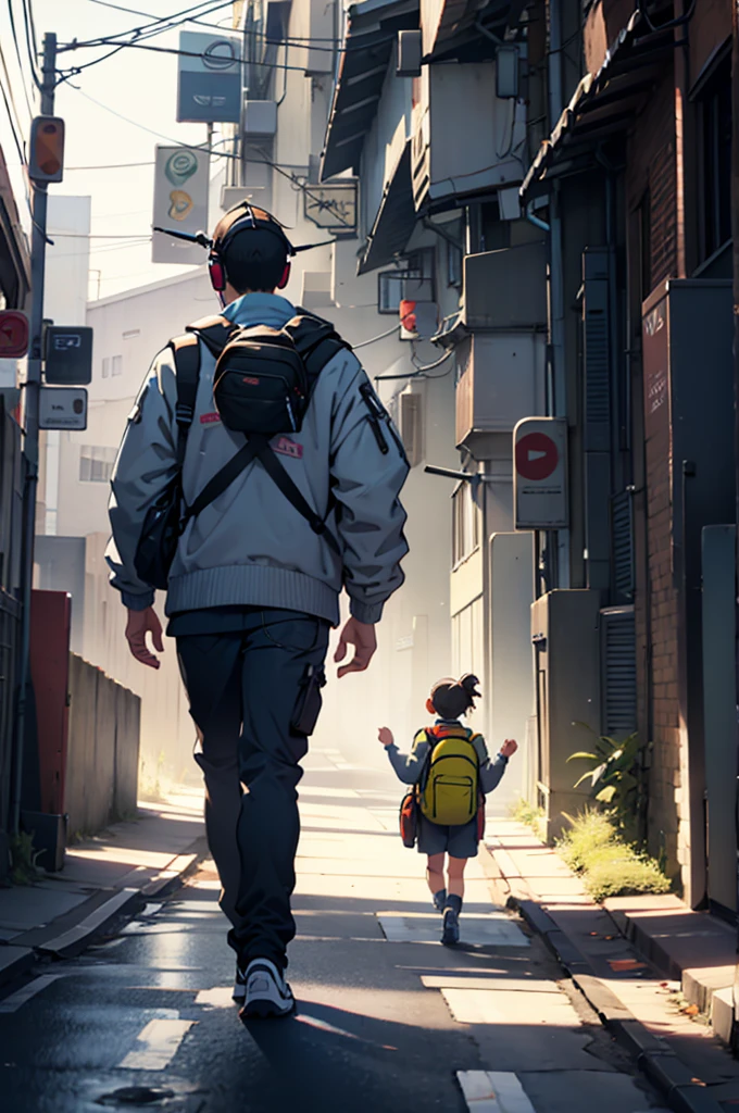 walking down the street with headphones on and a backpack on your back