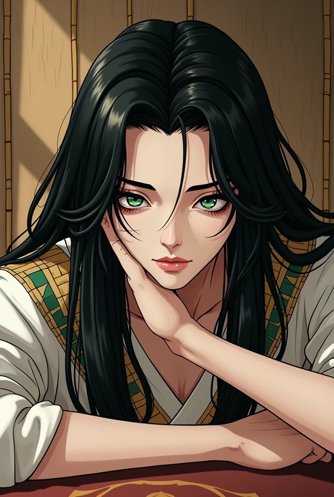 A pale-skinned man, beautiful sleepy emerald eyes, With a bored expression, Effeminate face, moderately pompous lips, extremely long jet-black hair, Wearing the attire of an ancient Egyptian emperor, leaning on a table with his face resting on his hand, attractive and extremely handsome, manwha panel