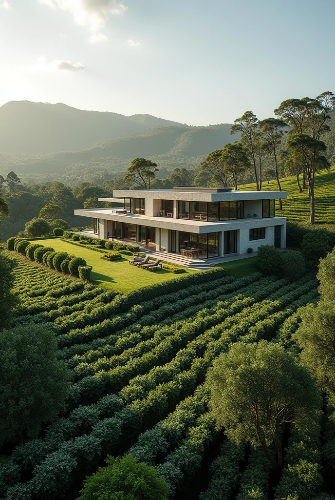 A farm with a modern house on a large plot of land and a coffee plantation next door
