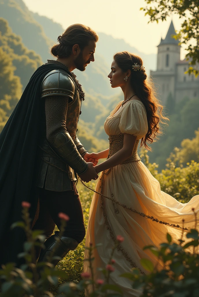 Medieval unarmored duke saving princess holding hands running looking at each other