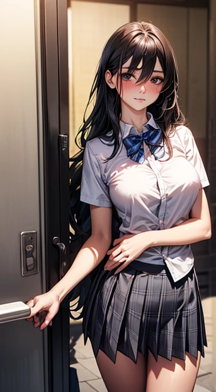 (masterpiece:1.2, Highest quality), (Realistic, photoRealistic:1.4), Beautiful illustrations, 
View your audience, whole body, Front view:0.6, 
1 person, Japanese, high School girl, (Long Hair:1.5), With her hair flying, (Half Up, Half Updo), bangs, Hair between the eyes, Big Breasts:0.8, 
Beautiful Hair, Beautiful Face, Beautiful details, Beautiful clavicle, Beautiful body, Beautiful breasts, Beautiful thighs, Beautiful legs, Beautiful fingers, 
(Beautiful views), , School,
((Collared short-sleeved shirt, White shirt, , Grey plaid pleated skirt, Blue checked bow tie)), White panties, 
(Are standing, , Lift up your skirt, Grab the hem of the skirt, Please place your hand on your chest, Place your hands between your legs), 
blush, ,