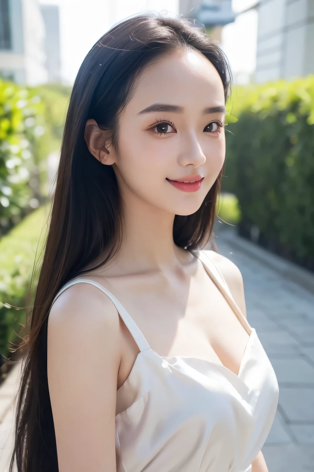 Large bust, Top quality, 1 beautiful kawaii female model, japanese, front facing, straight hair, Wide forehead, Wide forehead, thin eyebrows, Gravure model's body type, stylish, silk simple dress, high-quality clothing, wearing lux fashion, influencer, instagram, smiling, in resort