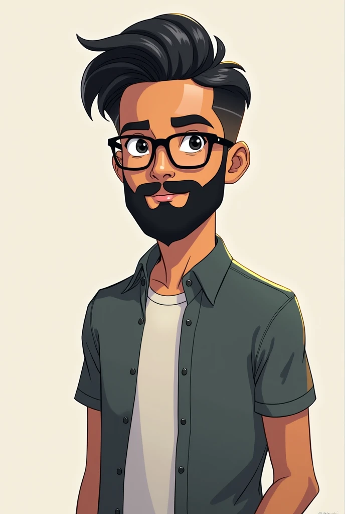 "Create an anime-style character design of a young man named Caio. He stands at 1.80m tall with an athletic but average build. His skin is a warm medium brown tone. He has short, neatly styled black hair combed to the side in a classic, professional look. Caio wears black, rectangular glasses with a modern, subtle frame. His face is framed by a well-groomed, full beard that complements his sharp, anime-style facial features. The character design should emphasize clean lines and a slightly exaggerated anime aesthetic, with a focus on capturing his unique look."