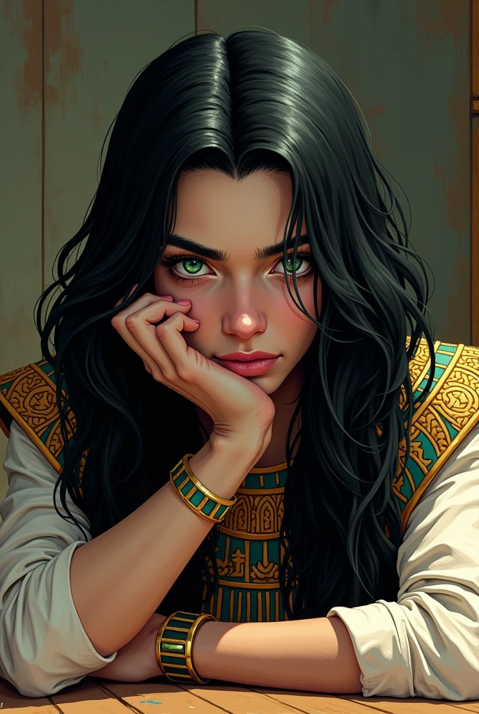 A pale-skinned man, beautiful sleepy emerald eyes, With a bored expression, Effeminate face, moderately pompous lips, extremely long jet-black hair, Wearing the attire of an ancient Egyptian emperor, leaning on a table with his face resting on his hand, attractive and extremely handsome, panel comic Marvel