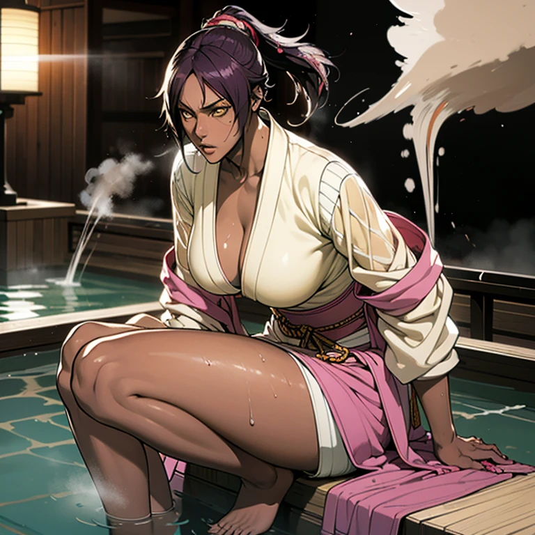 ((Master quality, 8K, masterpiece:1.3, ultra-detailed, high resolution, RAW Photos, detailed , blurry, Actual, hyper realistic, photo, HDR)), BREAK, Anatomically perfect, perfect hands, perfect legs, perfect feet, detailed eyes, BREAK, One person alone, yoruichi shihouin, long hair, (yellow eyes:1.5), ponytail, purple hair, (((dark skin, dark-skinned female))),, BREAK, beautiful face, beautiful detailed eyes, (staring at the camera , Sitting, Soak up to your chest in hot springs), , ( Round and Stacked Breasts, nipple:0.7 ), Cleavage, abs, (naughty face:1.5), Sweat-soaked skin, BREAK, wearing( bandage for the chest only, Japanese Loincloth, Wet, see-through clothes), , Graffiti art, BREAK, ( Random Angle, full-body, ), dynamic angle, , background(Realistic , cinematic lighting, depth of field, night , the full moon,, Samurai residence city atmosphere, hot spring , (((Rising steam:1.5))), light particles)