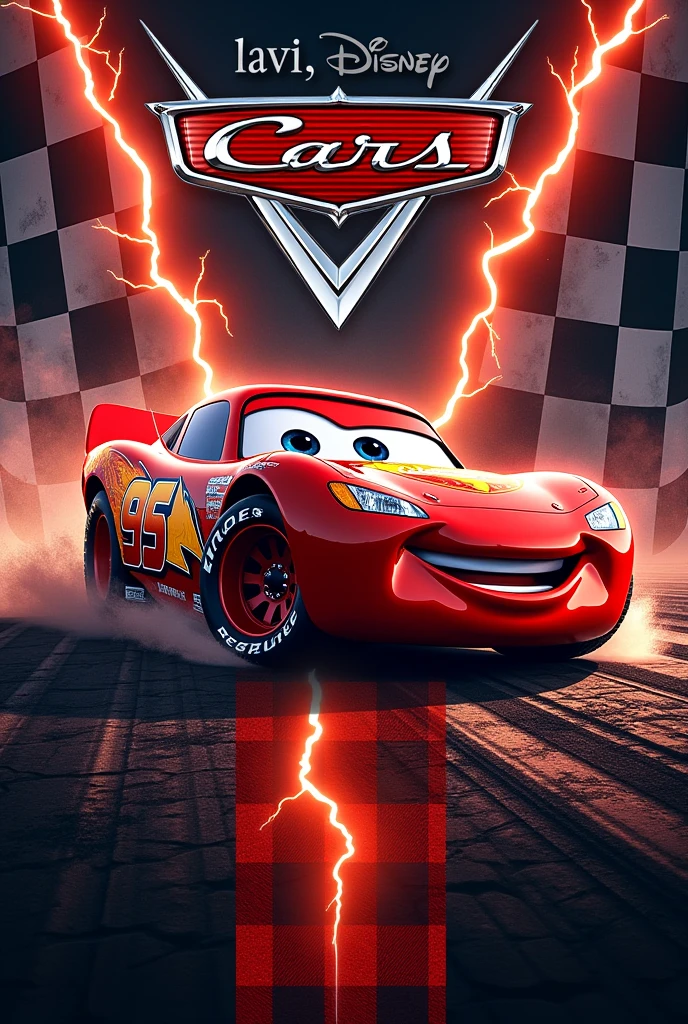 Uma arte vertical, on the lightning theme MC Queen, with finish flag, background with tire tracks and black and white checkered, add the art to the red colors , logo with the name Rhavi inside, strip below plaid at age 3 years