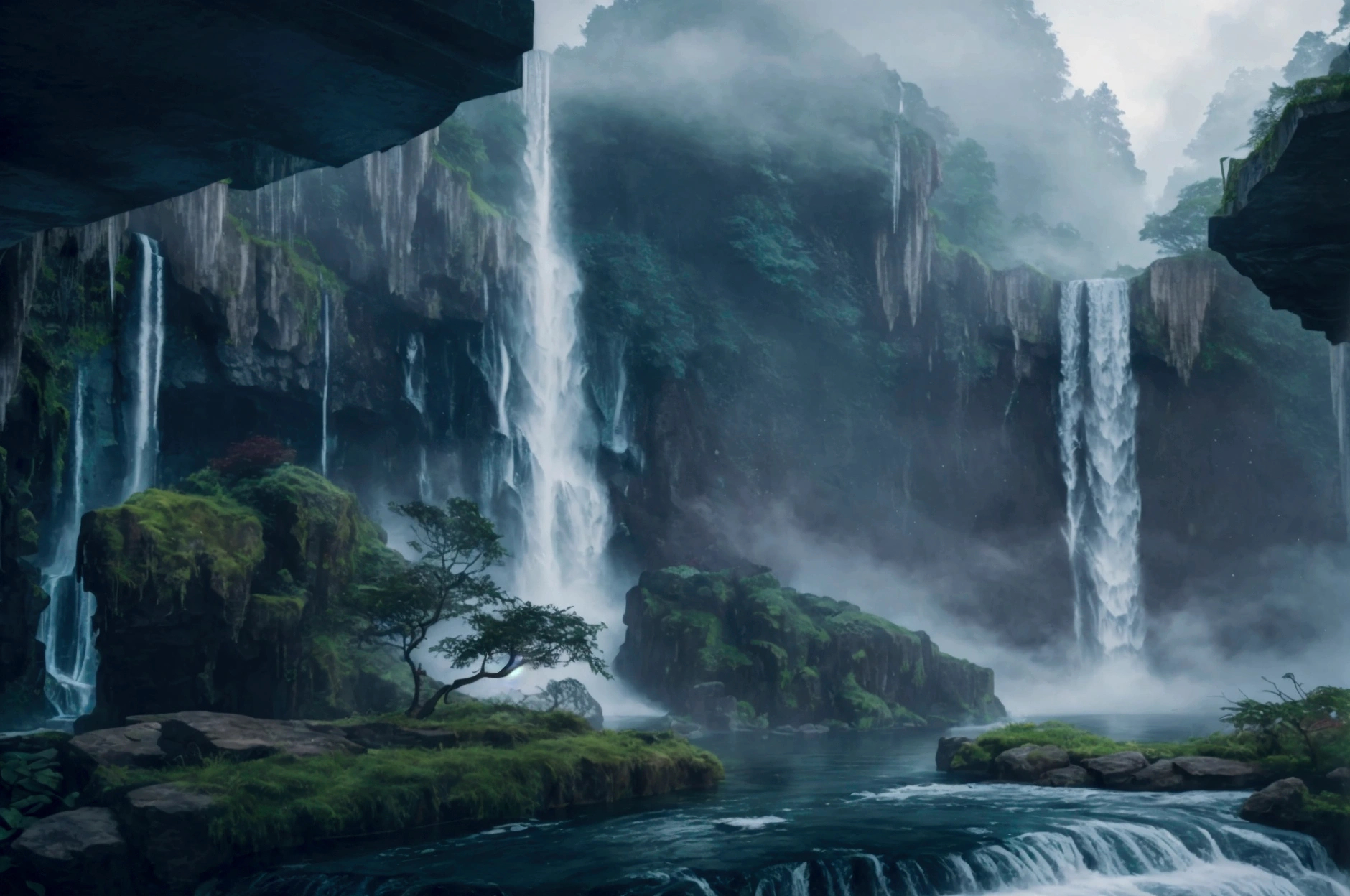 arafed view of a bedroom with a waterfall in the background, waterfall walls, waterfall backdrop, mist from waterfall, waterfalls in the background, waterfall in the background, floating waterfalls, dream like atmosphere 8k, brutalist waterfall environment, waterfall in background, with waterfalls, waterfall. fog, bedroom background, portrait shot, realistic fantasy render, beautiful wallpaper