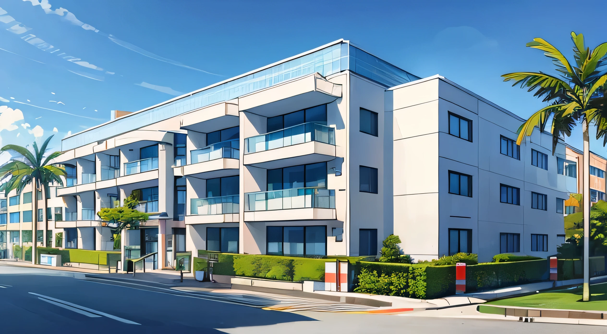 Create a realistic and detailed exterior view of a modern hospital building. The hospital should have a clean and organized façade, with a mix of white and light-colored panels covering its structure. Large, rectangular windows are symmetrically arranged across the building, allowing natural light to flood the interior. The main entrance is prominent, with a covered walkway leading up to it, supported by sleek columns. The hospital's logo is displayed near the top of the building, clearly visible and modern in design. In front of the entrance, a small driveway provides easy access for vehicles, with minimal landscaping to keep the area functional yet welcoming. The setting is during the daytime, under a clear blue sky, highlighting the hospital's contemporary and professional appearance. Surrounding the building are a few palm trees, adding a touch of greenery and emphasizing the hospital's location in a warm, sunny climate.