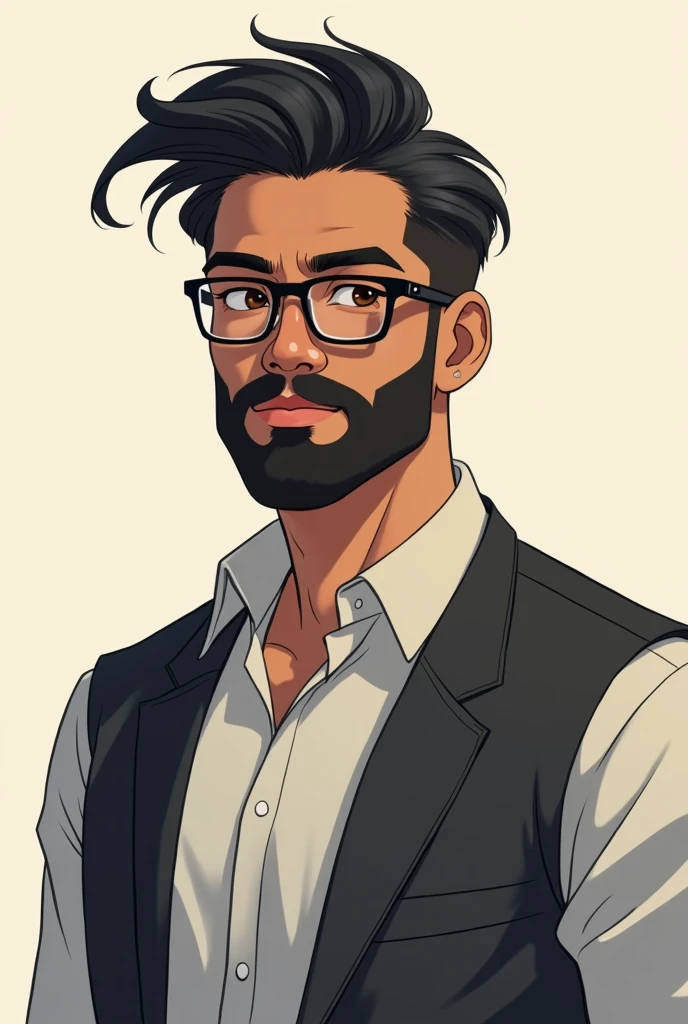 "Create an anime-style character design of a young man named Caio. He stands at 1.80m tall with an athletic but average build. His skin is a warm medium brown tone. He has short, neatly styled black hair combed to the side in a classic, professional look. Caio wears black, rectangular glasses with a modern, subtle frame. His face is framed by a well-groomed, full beard that complements his sharp, anime-style facial features. The character design should emphasize clean lines and a slightly exaggerated anime aesthetic, with a focus on capturing his unique look."