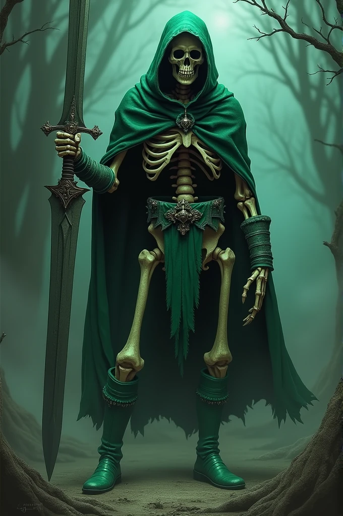 Skeleton of a warrior king, Standing, He wore a strange armor made of tree bark, rope and leather. Long boots made of leaves, He wears a crown made of branches and leaves. He was the king of the forest. 3D effect, ultra-detailed, intricate, insanely full HD 