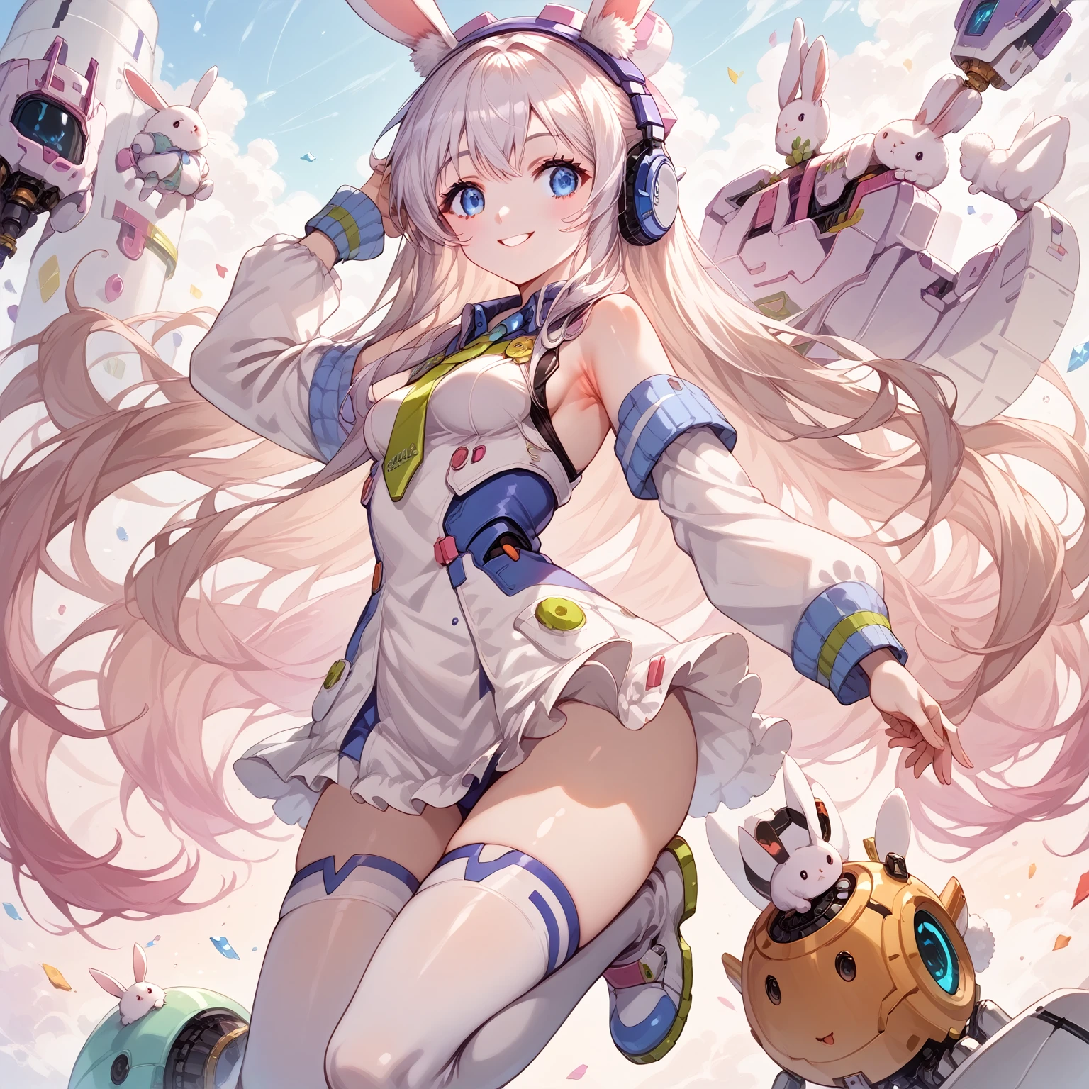 score_9_up, score_9, score_8_up, score_7_up, source_anime,masterpiece, best quality, high resolution, extremely detailed CG, absurdres, highres, 1girl solo, a mecha bunny girl jump on top of a futuristic circular device in universe, long hair, thighhighs, animal ears, rabbit ears, blue eyes, breasts, bare arms, no_sleeves, white thighhighs, headphones, medium breasts, very long hair, boots, smile, armpits, hands near head, kawaii, vivid color, good_hands