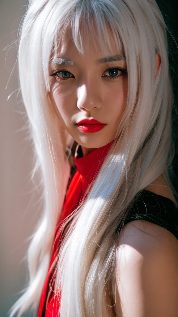 (RAW photo, analog style),Asuna is a woman with white hair, red eyes, pretty, dynamic pose, 25 year old model, shadow.