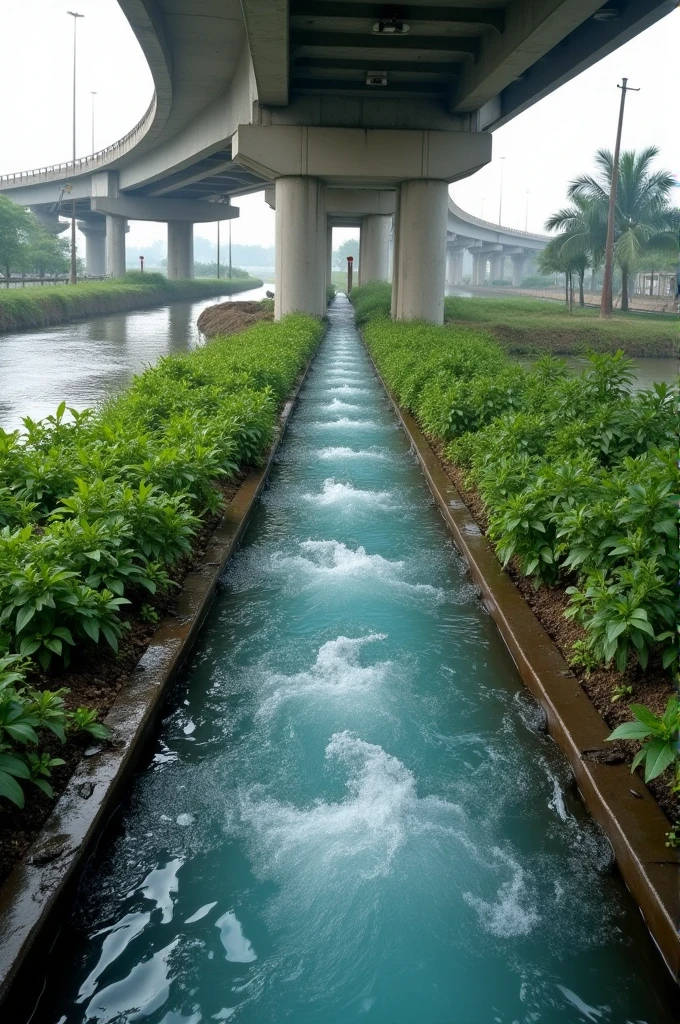 Water flowing down through the channels of 5 on a flyover which is saving the water which was just wasted on the concrete and was not able to recharge the groundwater so here the pipes are directly storing the water inside the tank which is being placed between two pillar of a flower and that water is also being used for the watering of plants which are being planted between the dividers of the flyover