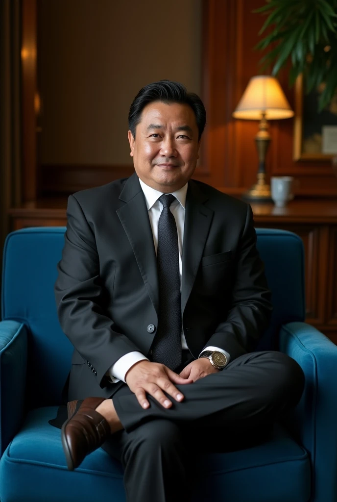 seorang pria indonesia agak buncit, memakai outfit formal, dasi hitam, jas hitam, sedang duduk di sofa biru tua elegan dengan pose professional. 4K Photography, Professional Photography, High Focus