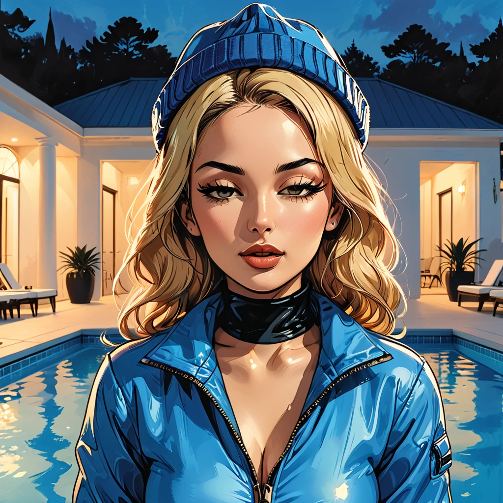 (((closed eyes))), ((open mouth)), (fullbody), night,palm, close-up portrait ((girl in Blue zipped up down winter jacket and black turtleneck )) and (jeans) and blue gloves and (((blue winter hat)))) in a lotus pose next to the pool at the white hotel with open mouth, white hotel, pool,  adult, [Nordic], Hourglass elongated fitness body, perfect Olive skin, Oval Face, Long neck, Rounded shoulders, perfect hand, Attached Pointed ears, round forehead, (Short blonde Waves pixie hair), snub nose, Arched eyebrows, ((closed Eyes)), High Round Narrow cheekbones, Dimpled Cheeks, Rounded Chin, Rounded Jawline, Full nude Lips, (closed eyes), Nude Makeup Look, long eyelashes,  graphic style of novel comics, perfect hands, 2d, 8k, hyperrealism, masterpiece, high resolution, best quality, ultra-detailed, super realistic, Hyperrealistic art, high-quality, ultra high res, highest detailed, lot of details, Extremely high-resolution details, incredibly lifelike, colourful, soft cinematic light,