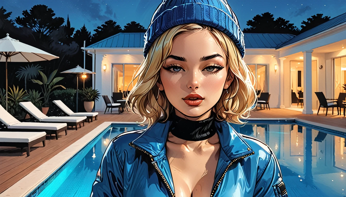 (((closed eyes))), ((open mouth)), (fullbody), night,palm, close-up portrait ((girl in Blue zipped up down winter jacket and black turtleneck )) and (jeans) and blue gloves and (((blue winter hat)))) in a lotus pose next to the pool at the white hotel with open mouth, white hotel, pool,  adult, [Nordic], Hourglass elongated fitness body, perfect Olive skin, Oval Face, Long neck, Rounded shoulders, perfect hand, Attached Pointed ears, round forehead, (Short blonde Waves pixie hair), snub nose, Arched eyebrows, ((closed Eyes)), High Round Narrow cheekbones, Dimpled Cheeks, Rounded Chin, Rounded Jawline, Full nude Lips, (closed eyes), Nude Makeup Look, long eyelashes,  graphic style of novel comics, perfect hands, 2d, 8k, hyperrealism, masterpiece, high resolution, best quality, ultra-detailed, super realistic, Hyperrealistic art, high-quality, ultra high res, highest detailed, lot of details, Extremely high-resolution details, incredibly lifelike, colourful, soft cinematic light,