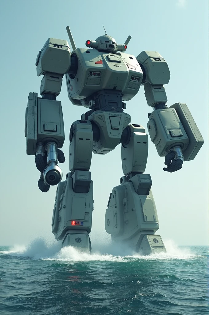 Giant robot with right armed mega gun walking from the middle of the sea
