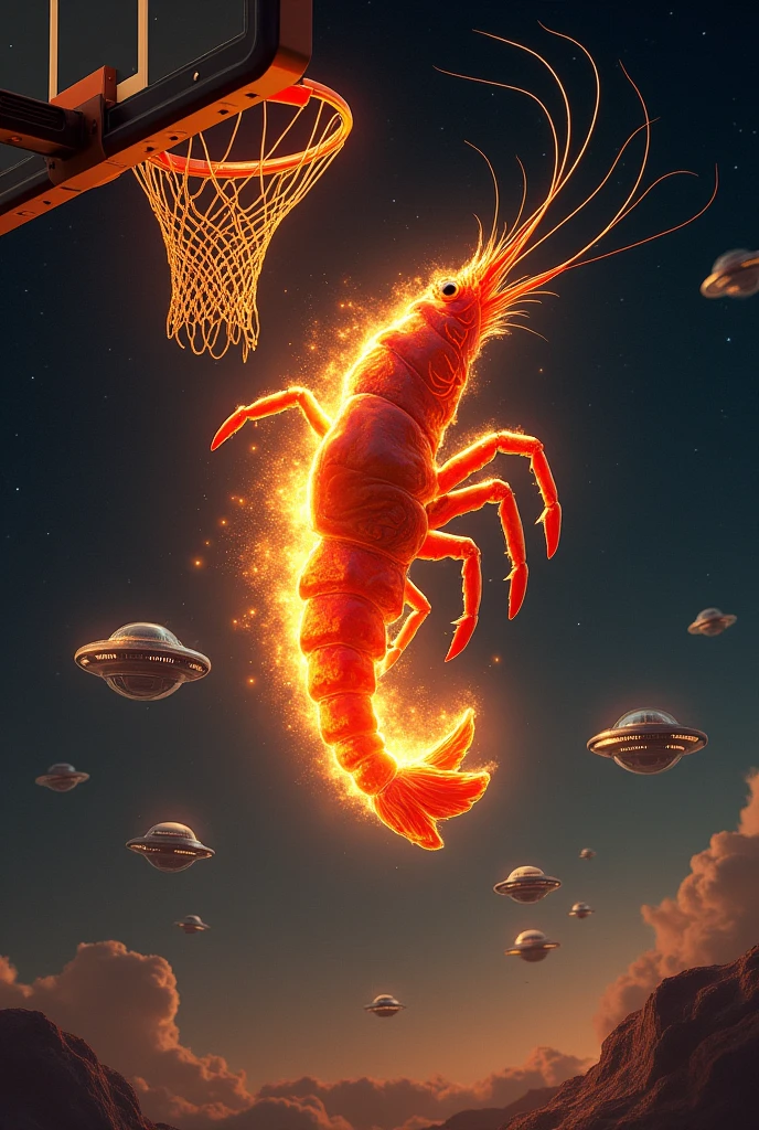 Create a shrimp on fire doing a basketball dunk in space while UFOs surround it