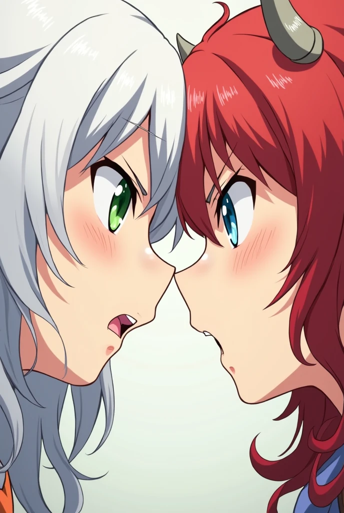 2 anime women pressing their noses against each other fhard. Their noses bending upwards from pressing up against each other. one with long wavy white hair, green eyes and pale skin. the other with curly fluffy red hair covering her eyes and small demon horns, blue eyes, and pale skin, freckles, and a slightly bigger nose. Anime art style, both with angry faces.
Face to face, noses touching, noses pressing against each other, noses pressing hard against each other bending slightly upwards.