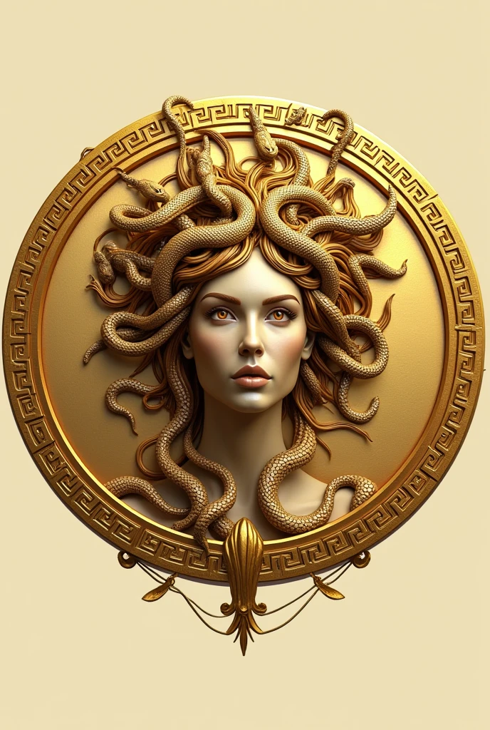 Physiotherapy logo of the Greek character Medusa with snakes head and snake face,with golden colors,Unripe,with a golden circle around it with the name in gorgons