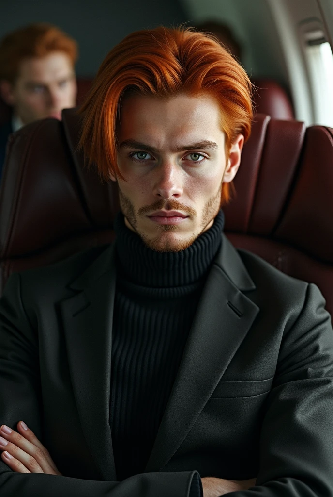 Red-haired man with straight hair sitting on an airplane chair posing