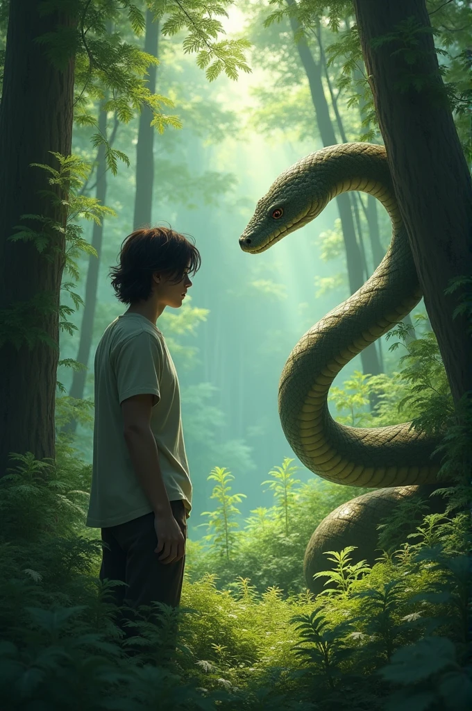 A man with medium hair in the forest stands facing back a snake