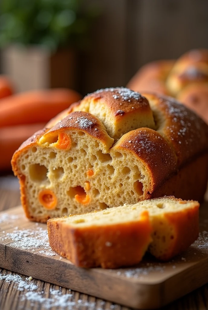 I need you to create a very realistic image of a carrot bread that will make your mouth water and make you want to buy it. 