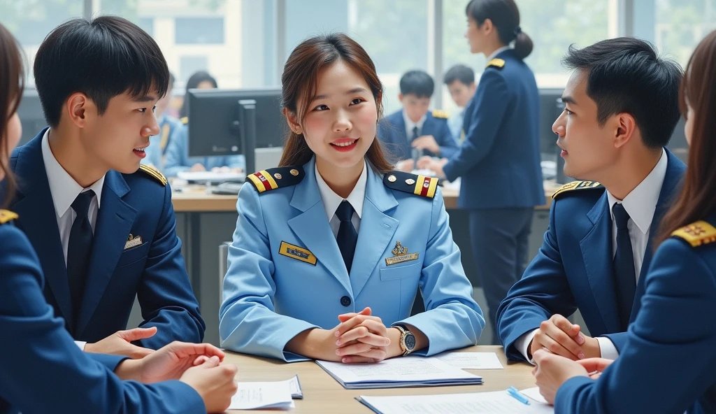 A stunning oil painting of a scene beautifully portraying, In a bustling government office, a young beautiful Korean woman, newly appointed as a government officer, in her crisp official uniform. Surrounded by her colleagues, she engages in discussion, her expression a blend of enthusiasm and determination. Her uniform, neatly pressed and adorned with insignia, symbolizes her new role. The office environment is busy, with papers and computers scattered across desks, highlighting the dynamic and professional atmosphere as she integrates into her new position. The painting exhibits a dream-like, impressionistic style, with visible brushstrokes that create a sense of depth and texture. The color palette primarily consists of light blue, greys, and blacks, evoking a enthusiastic atmosphere. wide shot view. talking to her colleagues