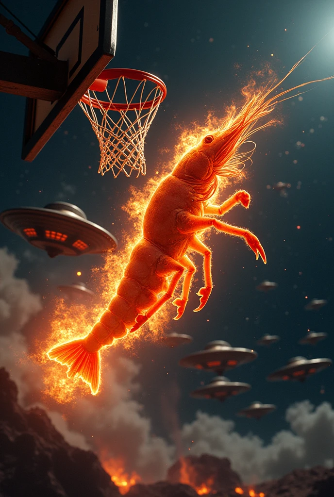 Create a shrimp on fire doing a basketball dunk in space while UFOs surround it 

