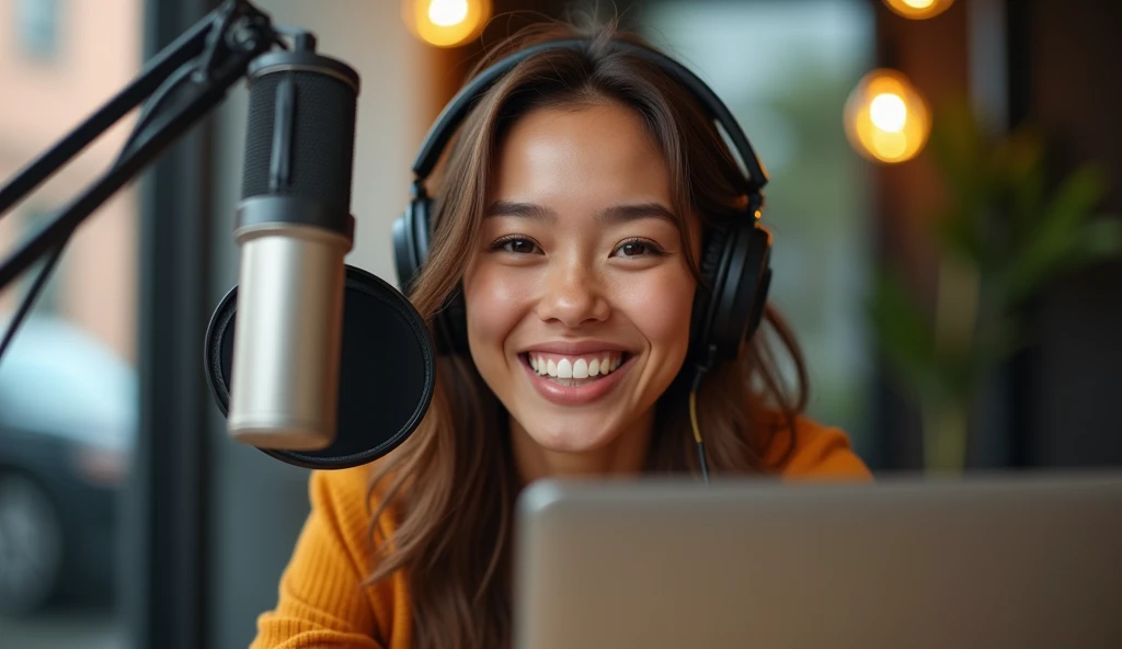 "A close-up, realistic image of a beautiful young woman sitting at a table in a modern podcast room. She is smiling warmly with a big, joyful expression, showing her teeth. The room features professional podcast equipment like a microphone, headphones, and a laptop on the table. The lighting is soft but bright, highlighting her cheerful demeanor. The focus is on her face and upper body, capturing the energy and enthusiasm of the moment."







