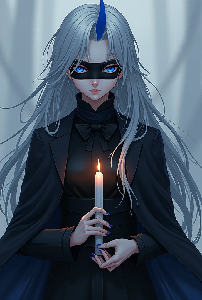 anime manga art, A tall woman, of slightly defined body, blue-eyed, long silver hair with a streak,with a blue crest on its forehead,with a medieval black overcoat,with a black blindfold on his face,with a wedding candle, with a striking expression