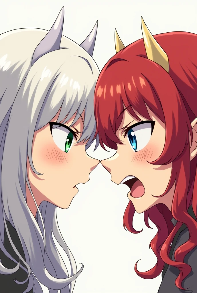 2 anime women pressing their noses against each other fhard. Their noses bending upwards from pressing up against each other. one with long wavy white hair, green eyes and pale skin. the other with curly fluffy red hair covering her eyes and small demon horns, blue eyes, and pale skin, freckles, and a slightly bigger nose. Anime art style, both with angry faces.
Face to face, noses touching, noses pressing against each other, noses pressing hard against each other bending slightly upwards.