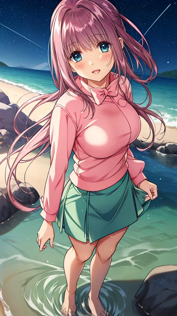 Anime illustration Nanase Ren, 1 person, Hair Ribbon, school uniform, Long sleeve, bow tie, Green Skirt, Big Breasts、 blush, Cute Smile Open your mouth, Are standing, (She walked along the starry beach at night, touched the water with bare feet, and came closest to that smile), Skirt Lift, barefoot, Two Arms, (cinematic angle:1.1),