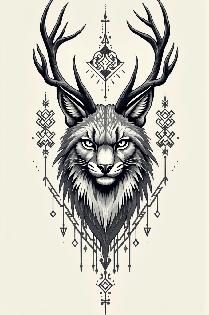 Could you create a sketch of a tattoo with just lines for the forearm of a lynx with deer antlers??, also with Nordic symbols