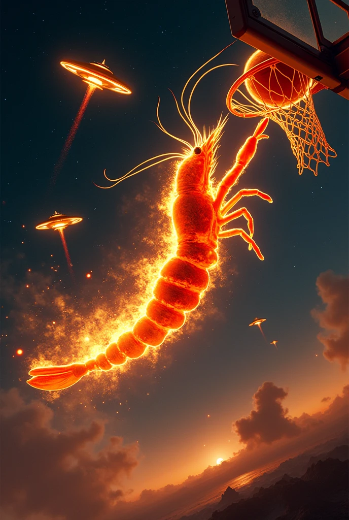 Create a shrimp on fire doing a basketball dunk in space while UFOs surround it