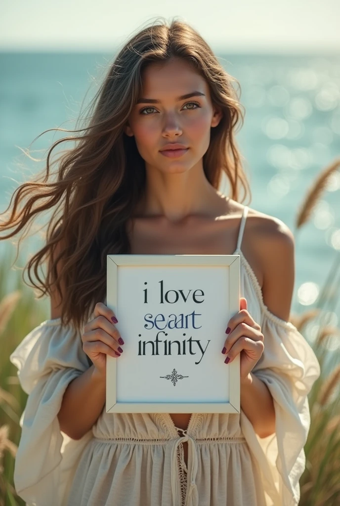 Beautiful girl with wavy long hair, bohemian dress, holding a white board with text "I Love Seaart Infinity" and showing it to the viewer