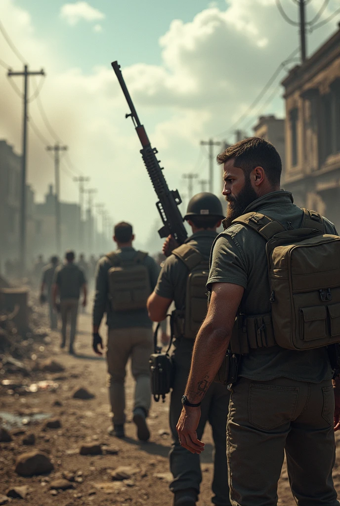 Create a realistic image of a civil war against a corrupt government, dayz game style in widescreen size.
