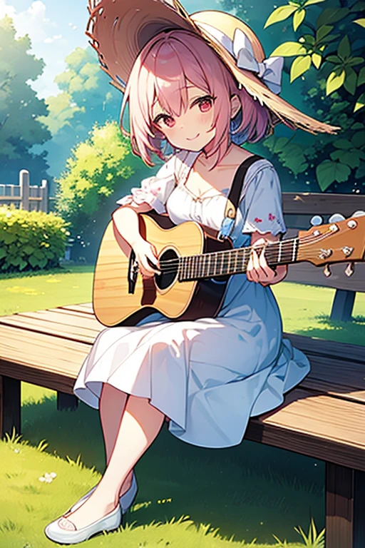 One Woman、Pink Hair、short hair、Bangs between the eyes、Red eyes、Small breasts、A garden rich in nature、Sit on a wooden bench、Playing on a light blue guitar、Straw hat、White Dress、Cleavage、White shoes、Butterfly-shaped ribbon on head、barefoot、smile