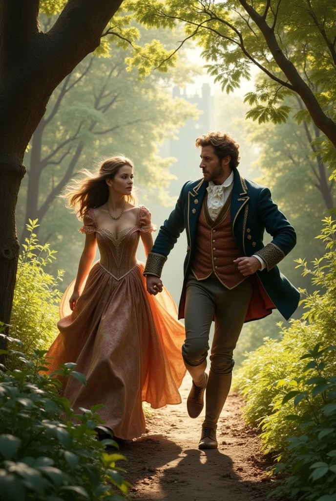 Regency era medieval duke saving princess holding hands looking at each other while running away