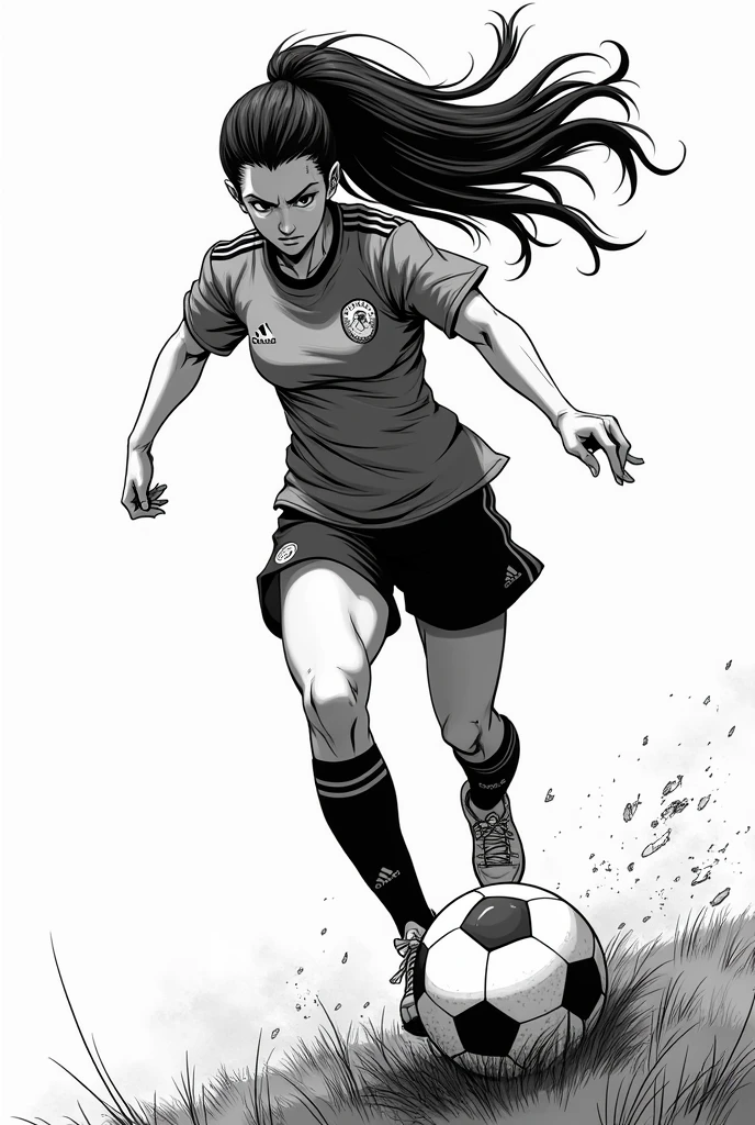 Create a female Blue Lock character(soccer) looking like manga(black andwhite)