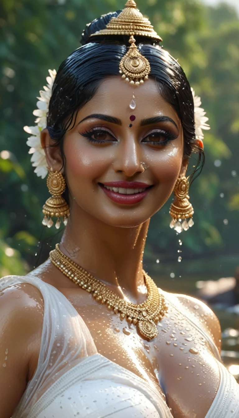 Hyper-realistic Indian Meneka, Indian goddess ((APSARA)), wearing a transparent white Indian attire, with wet hair, and water droplets on her body. bathing in a beautiful village river, Chubby underarms, elegant smile, big boobs, cleavage, curvy figure, beautiful nose, eyes, and lips. 8k resolution, realistic shaded lighting, detailed anatomy