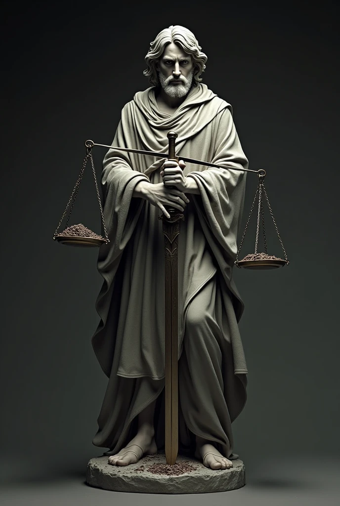 Male statue dressed With open eyes and a 2-pan scale Unbalanced is a stained sword