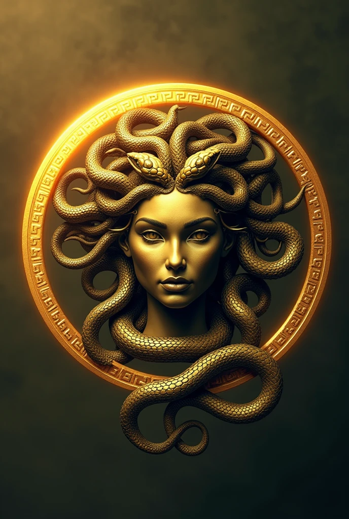 Physiotherapy logo of the Greek character Medusa with snakes head and snake face,with golden colors,Unripe,with a golden circle around it with the name in gorgons,a pele dela na cor Unripe
