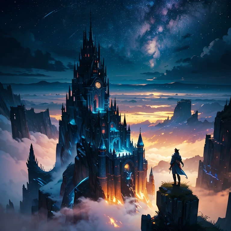 (masterpiece, best quality, ultra-detailed, illustration, high resolution, UHD, depth, cinematic lighting):1.4, solo, 1man, wizard, flying, night sky, outdoors, magic, moon, stars, clouds, mysterious, enchanting, whimsical, adventurous, imagination, realism, naturalistic, fantasy culture, mythology, legends, wizards, fantasy worlds, composition, scale, foreground, middle ground, background, perspective, light, color, texture, detail, powerful young wizard, druïd, dark magic, magic city, sinsiter character, floating above wizard city, side profile, side view, (view from above:1.2)